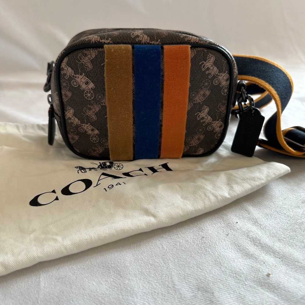 Coach Camera Bag 16 with Horse And Carriage Print and Varsity Stripe